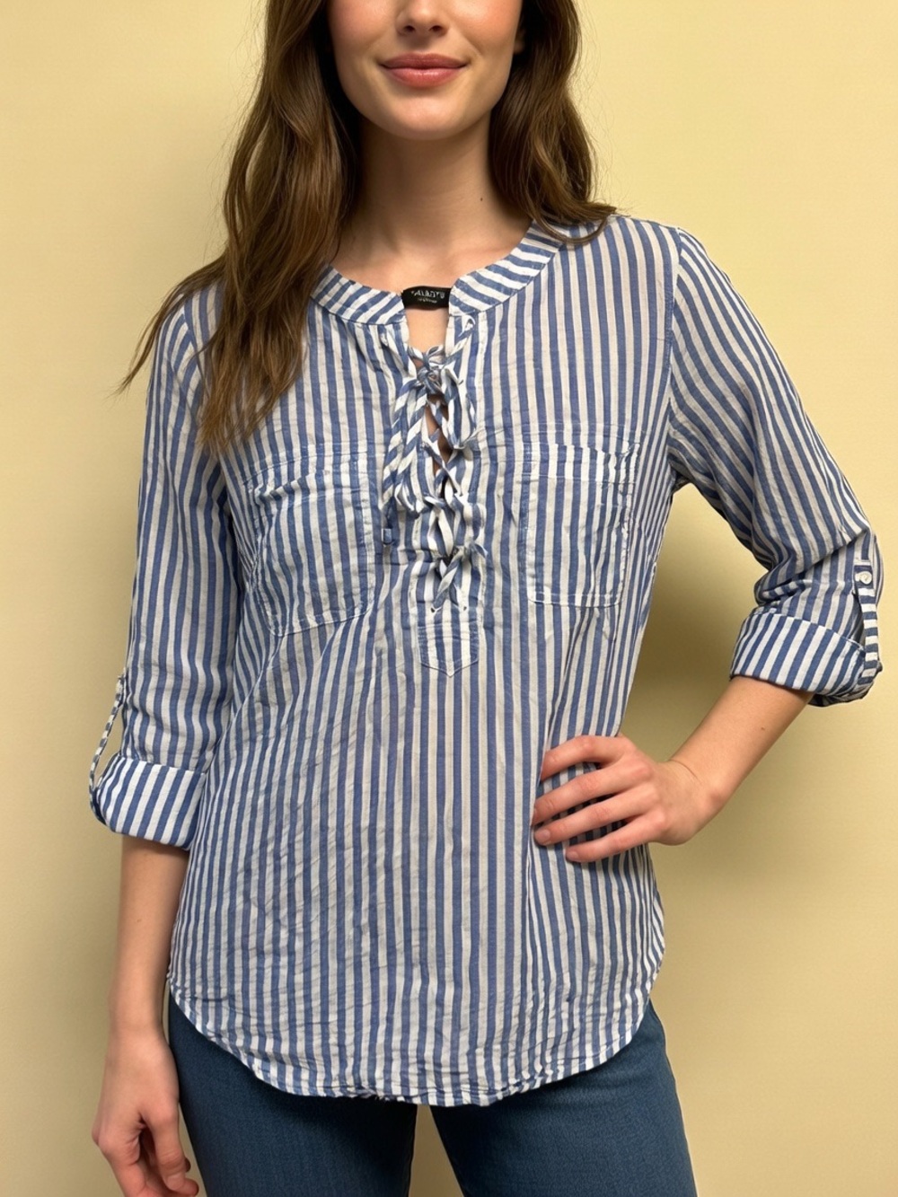 Talbots 100% Cotton Blue & White Vertical Stripe Lace-Up Tunic Like New Size M